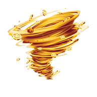 Dynamic whirlwind of golden coins spinning in a tornado shape with coins scattered around, on a transparent background.