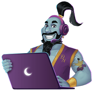 SEO image genie with his laptop and headset to offer support