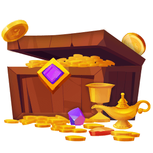 A magical overflowing treasure chest with gold coins, a gem, and a magic lamp, invoking a sense of enchantment and wealth.